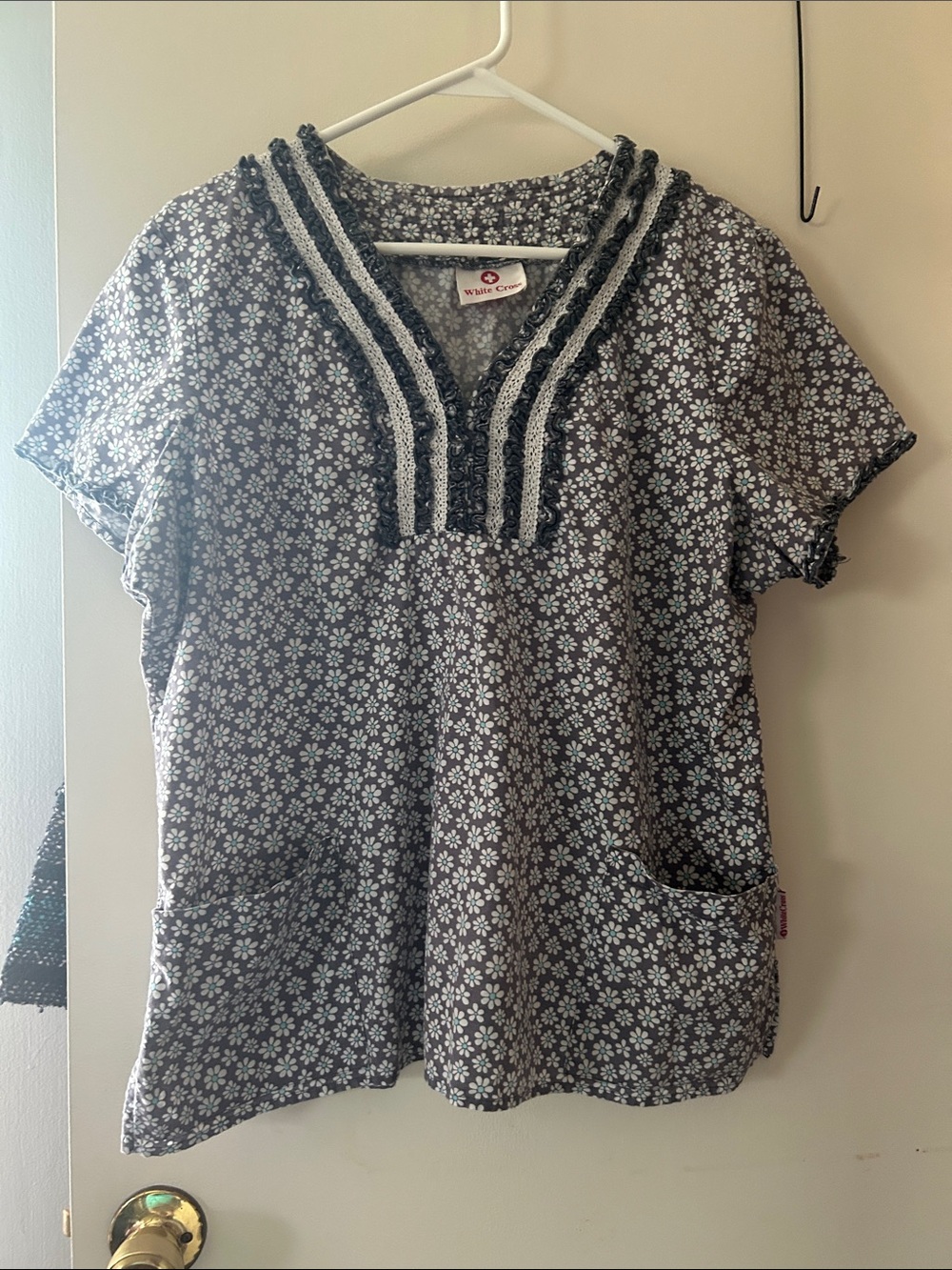 White Cross Grey Floral Tunic Scrub Top with Textured V-Neck